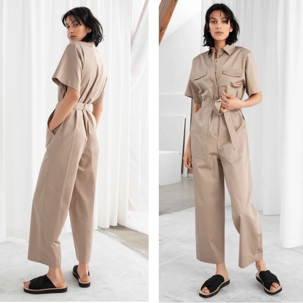 & Other Stories Workwear Boilersuit Tie Waist Straight Leg Jumpsuit Beige Sz4